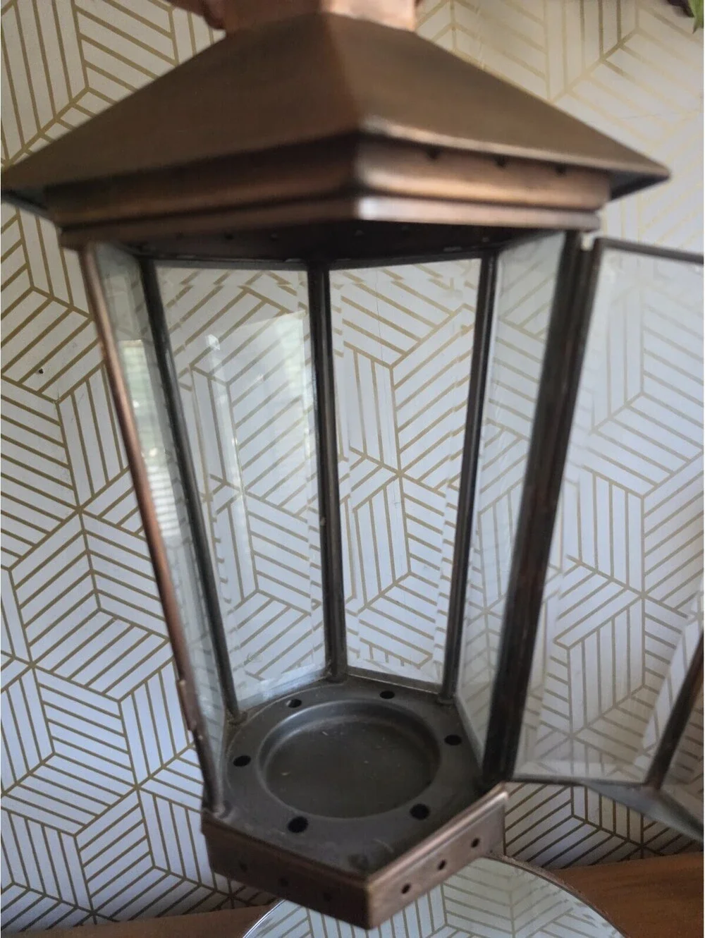 Vintage Brass Hexagonal Hanging Candle Lantern Pendant